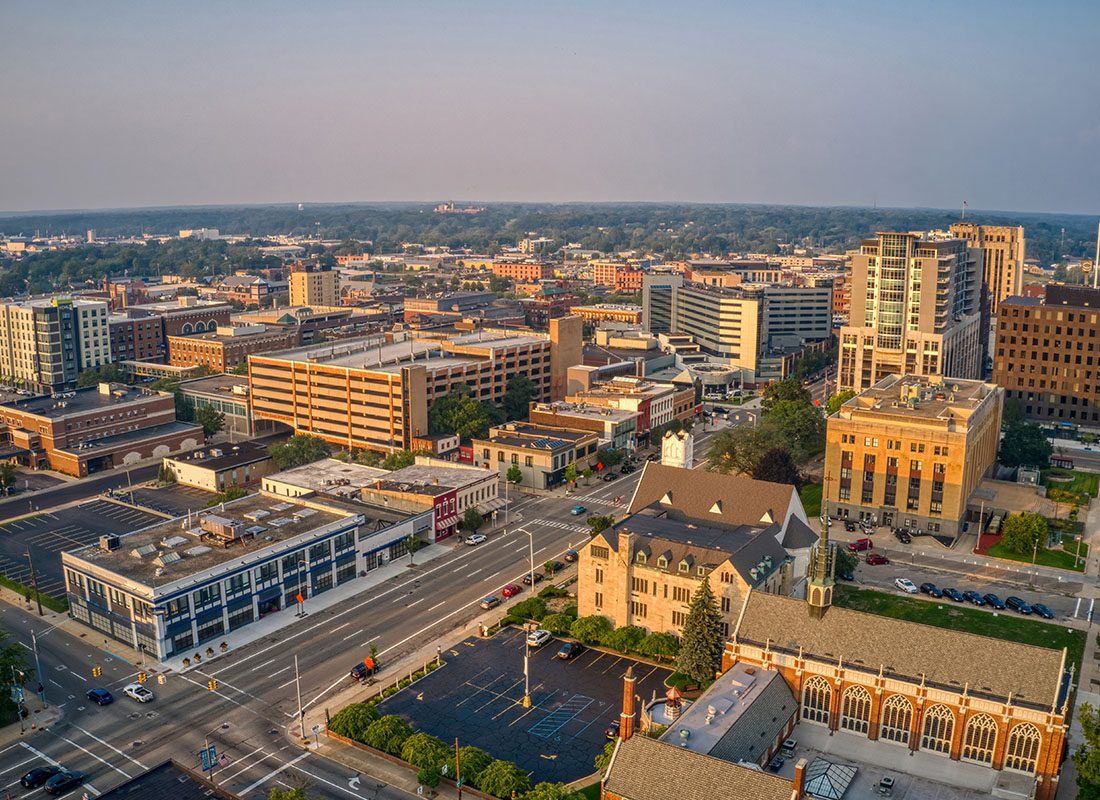 Kalamazoo, MI - Aerial View of Commercial Buidings in Downtown Kalamazoo Michigan at Sunset